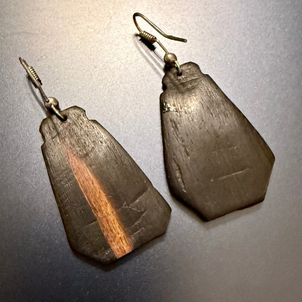 Handcrafted Artisan Mixed Metal Embossed Wooden Earrings - Picture 7 of 7